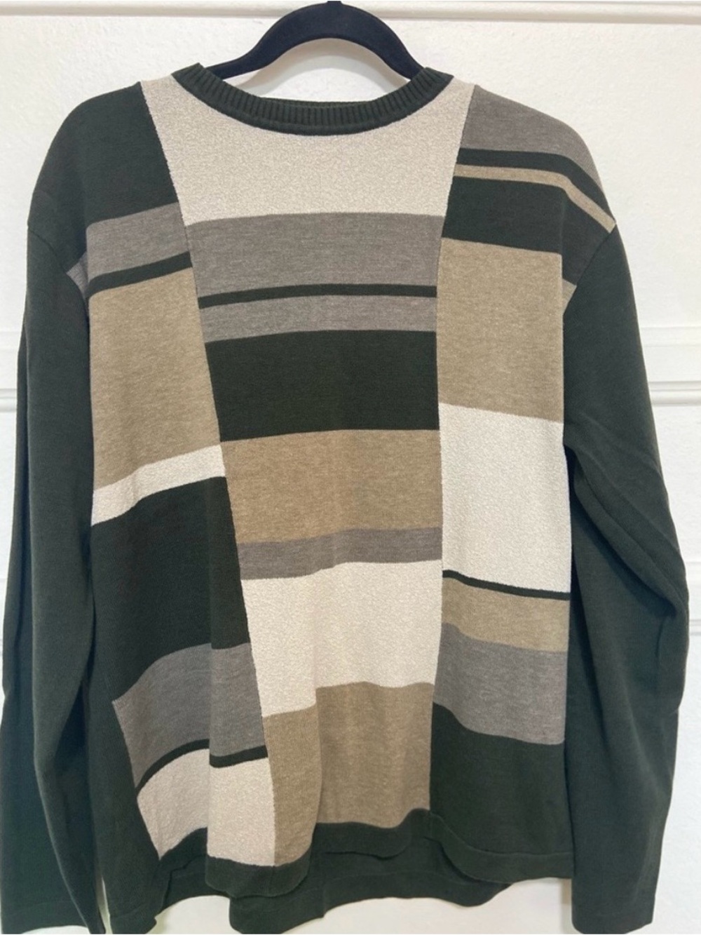 Axcess Dark Green Crewneck Sweater with Beige and Gray Stripe Blocks